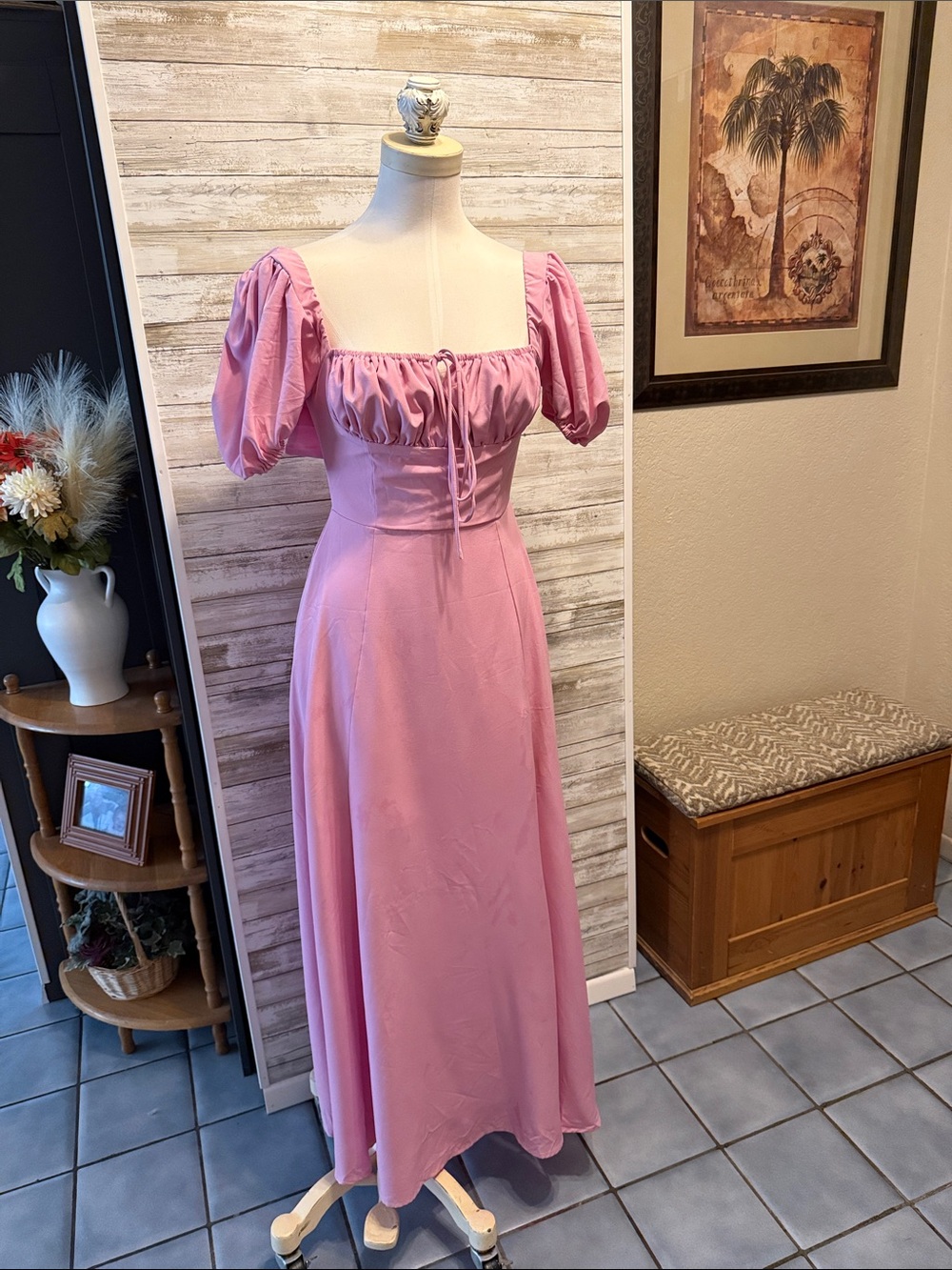 Pink maxi dress puff sleeve square neck with drawstring boho princess cosplay